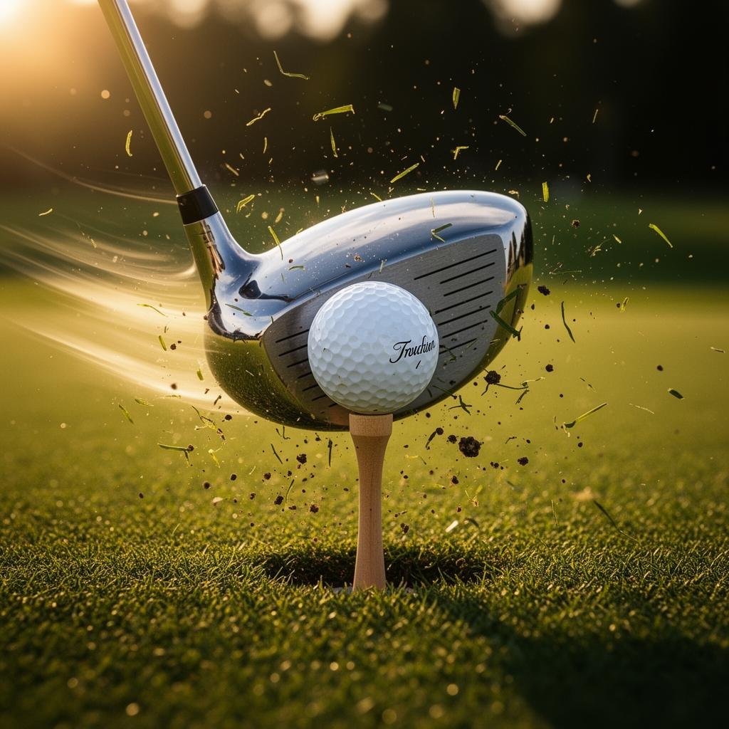 Premium golf ball on a tee about to be struck